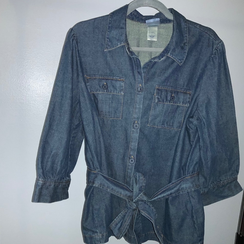 Classic Elements denim button front blouse Sz L balloon 3/4 sleeve